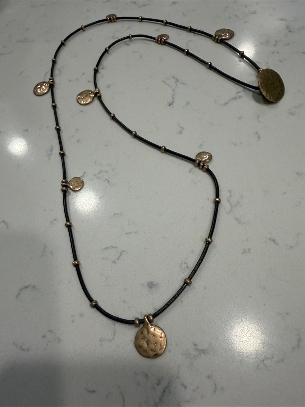 Source Unknown Black Cord Necklace with Hammered Gold Discs and Beads